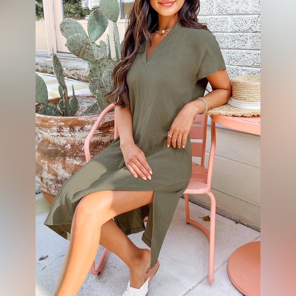 Cupshe Olive Green V-Neck Short Sleeve Midi Dress - Picture 6 of 7